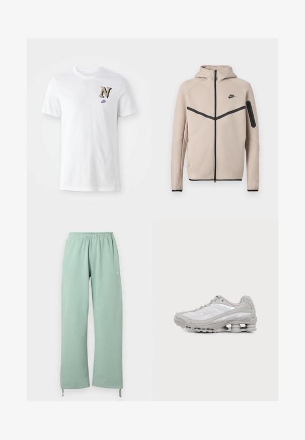 Veste à capuche Nike beige avec fermeture éclair intégrale à l'avant, bande chevron noire traversant la poitrine et poche zippée sur la manche gauche.; T-shirt en coton blanc avec un logo "N" au motif camouflage et un petit swoosh Nike violet sur la poitrine. Design classique à col rond.; Pantalon de survêtement large vert clair avec taille élastique, logo Nike sur la cuisse gauche et liens ajustables aux ourlets.; Baskets de sport grises et blanches avec semelle à coussin d'air visible et panneaux en mesh, présentées de profil sur un fond clair uni.