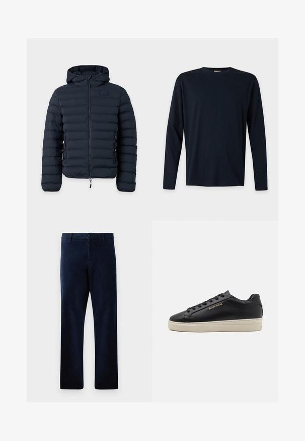 Veste matelassée à capuche bleu foncé avec fermeture éclair à l'avant et poches latérales zippées, affichée sur un fond clair uni.; T-shirt noir uni à manches longues avec col rond et coupe régulière, présenté sur fond blanc.; Pantalons bleu marine en tissu doux et texturé, avec une fermeture à bouton et une coupe droite, dotés de détails de couture subtils.; Sneaker en cuir noir avec une finition lisse, semelle crème contrastante, bout arrondi, logo doré sur le côté et six œillets pour les lacets.
