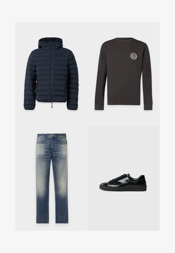 Veste matelassée à capuche bleu foncé avec fermeture éclair à l'avant et poches latérales zippées, affichée sur un fond clair uni.; T-shirt noir à manches longues avec col rond et un petit badge rond logo sur le côté gauche de la poitrine, comportant du texte et des éléments de design.; Jean en denim bleu à coupe droite, présentant des décolorations et des détails de frottement subtils à l'avant, un design à cinq poches et des passants de ceinture.; Baskets en cuir verni noir avec un bout arrondi, un laçage, une semelle en caoutchouc texturé et une finition lisse.