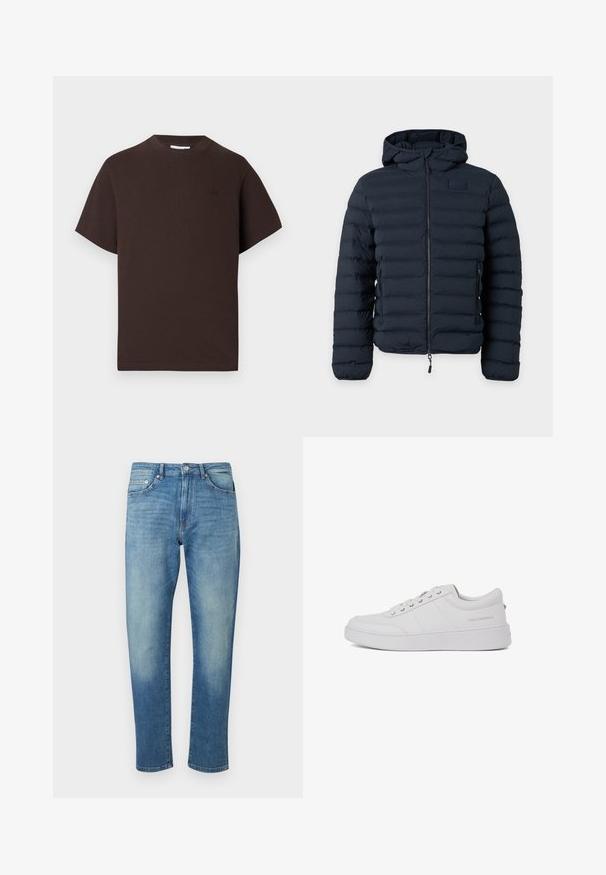 Veste matelassée à capuche bleu foncé avec fermeture éclair à l'avant et poches latérales zippées, affichée sur un fond clair uni.; T-shirt en coton marron avec col rond et manches courtes. Présente un logo discret sur la poitrine gauche et une coupe décontractée.; Jean en denim bleu avec une coupe droite slim, style cinq poches, fermeture par bouton, et détails délavés sur les cuisses et les genoux.; Baskets blanches en cuir avec un design classique à tige basse, semelle plate et logo de marque discret sur le talon. Présente cinq œillets métalliques pour les lacets.