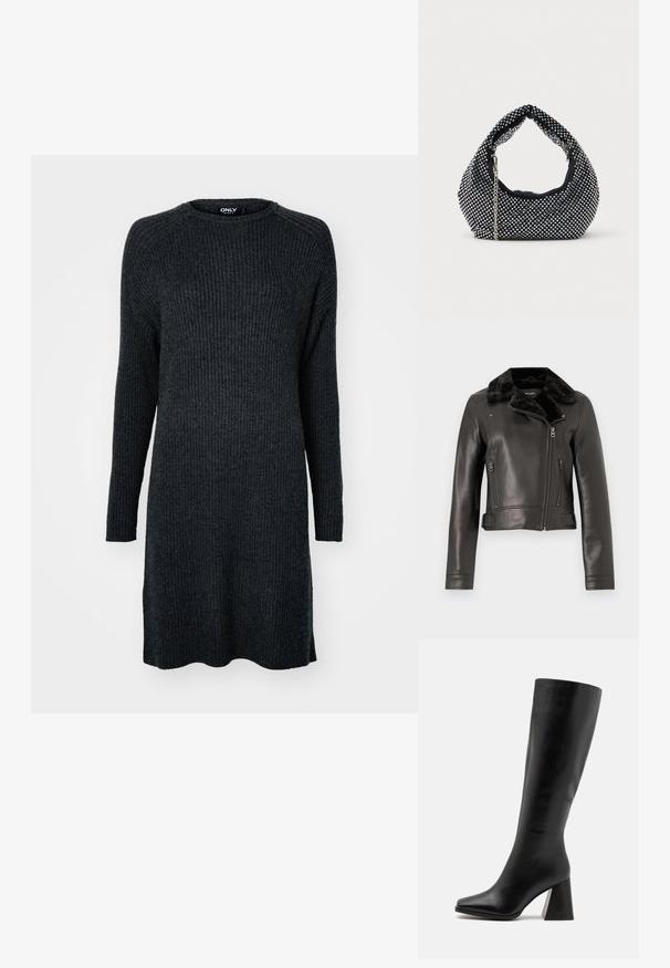 Sort læder bikerjakke med faux fur-krave, lynlåslommer og en cropped design. Har strammet ærmer og sidebæltekant.; Mørkegrå ribstrikket kjole med lange ærmer, rund halsudskæring og afslappet pasform. Kantlinjen er let buet.; Sort knæhøje støvler lavet af glat læder, med firkantet tå og en kraftig, tekstureret hæl. Simpelt og strømlinet design.; Sort mesh håndtaske prydet med sølvnitter, udstyret med et buet håndtag og en kædetraspe. Blød tekstur med en rund form.