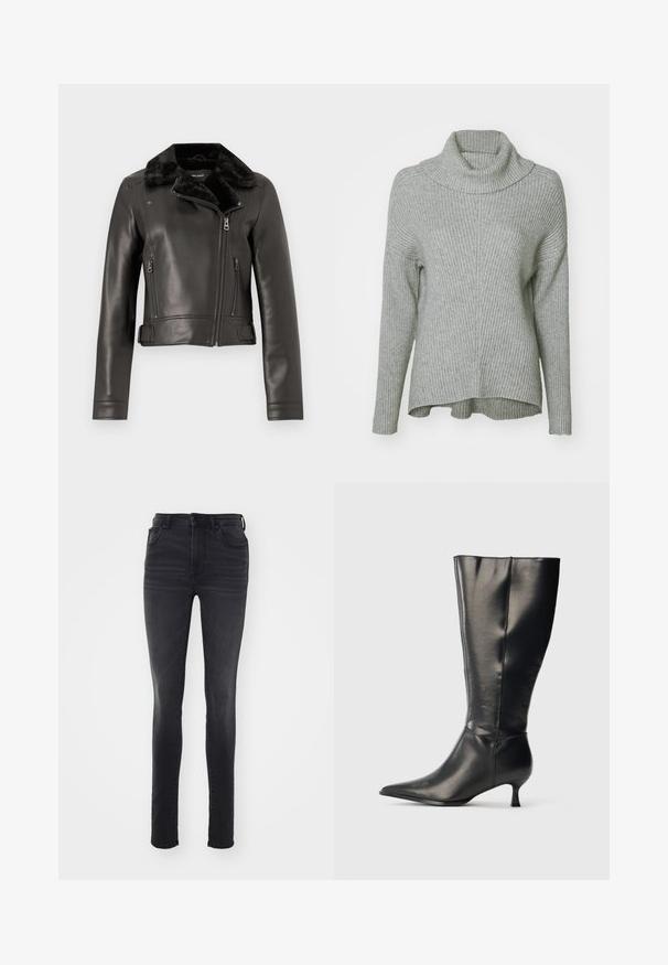 Sort læder bikerjakke med faux fur-krave, lynlåslommer og en cropped design. Har strammet ærmer og sidebæltekant.; Grå ribbet turtleneck sweater med en løs pasform, lange ærmer og en foldet krave. Kanten er lidt længere bagpå.; Slankt fit sorte jeans lavet af denim, med høj talje, fem-lomme design, subtil falmning og lige silhuet.; Sort knæhøj læderstøvle med spids tå og lav kittenhæl, vist på en enkel lys baggrund.