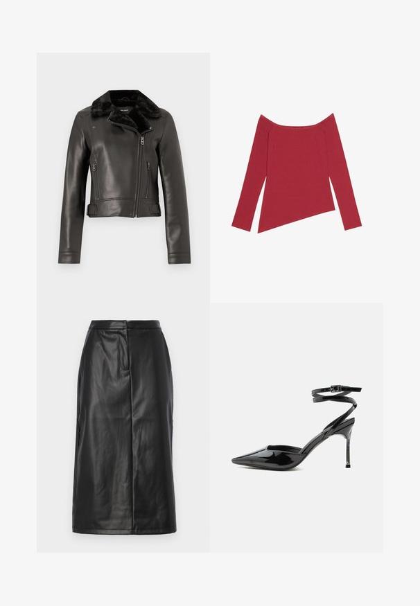 Veste de motard en cuir noir avec col en fausse fourrure, poches zippées et design court. Dotée de manches ajustées et d'accents de ceinture sur les côtés.; Haut rouge dénudé d'une épaule avec des manches longues, texture côtelée, et un ourlet asymétrique, présentant une finition lisse et des coutures discrètes.; Jupe en cuir noir avec une silhouette ajustée, présentant une texture lisse, un design mi-long et des détails de coutures subtils. Pas d'accents en métal.; Escarpin à talon aiguille en cuir verni noir, bout pointu, fines lanières à la cheville et petite boucle.