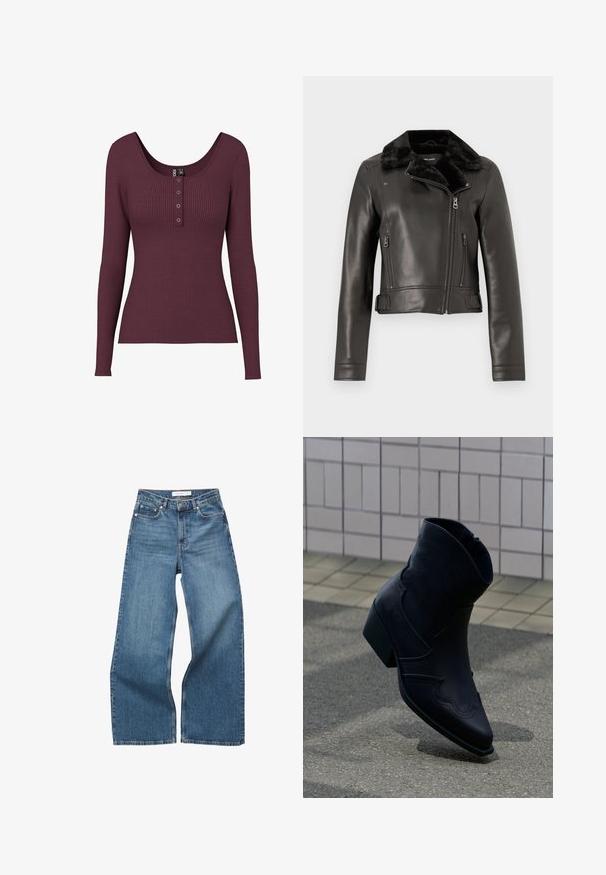 Sort læder bikerjakke med faux fur-krave, lynlåslommer og en cropped design. Har strammet ærmer og sidebæltekant.; Bordeaux ribbet langærmet top med en rund halsudskæring og tre knapdetaljer ved brystet. Lavet af struktureret strikmateriale.; Blå højtaljede vidbenede jeans med for- og baglommer, bæltestropper og knaplukning.; Sort læderankelstøvle med lav hæl, dekorative syninger og spids tå, placeret opret på en brolagt overflade ved siden af en flisebelagt væg.