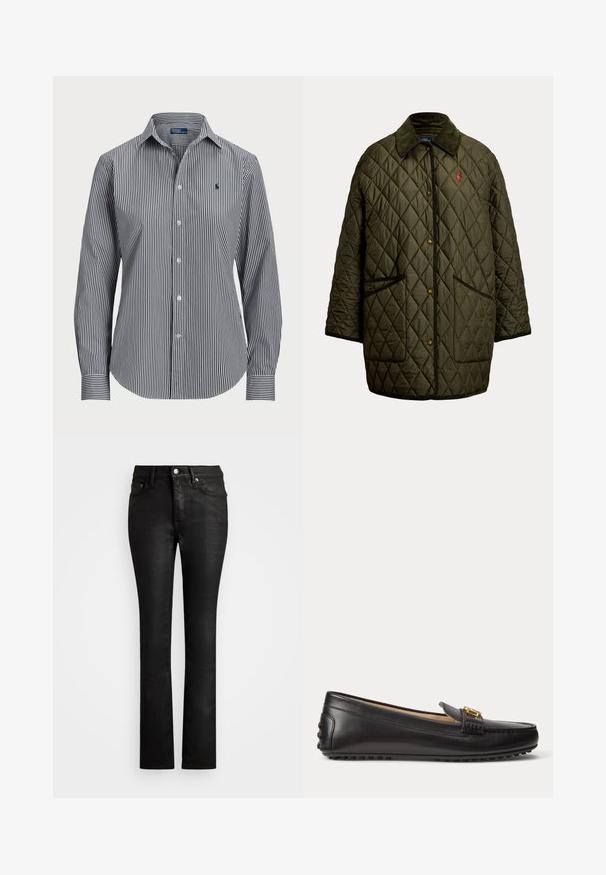 Chaqueta acolchada de color verde oliva con cuello oscuro, botones a presión delanteros, dos bolsillos delanteros y pequeño logo bordado en rojo en el pecho.; Camisa de botones a rayas con rayas verticales en azul marino y blanco, mangas largas, cuello puntiagudo y un pequeño logotipo en el pecho.; Jeans de mezclilla negra con un diseño de pierna recta, que cuentan con un clásico estilo de cinco bolsillos y un cierre frontal con botón. Textura suave.; Mocasín de cuero negro con detalle de hebilla dorada y suela de goma con tachuelas, mostrado de lado sobre fondo blanco.