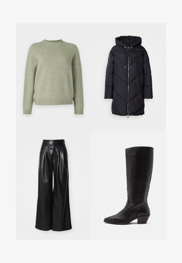 Abrigo acolchado negro con capucha, que cuenta con cierre de cremallera y un patrón acolchado angular. El material tiene una textura suave y brillante.; DRYKORN PEMIRI - Jersey de punto - green; Pantalones de cuero sintético negros de pierna ancha con una cintura alta, frente plisado y textura suave. Presenta un diseño limpio y minimalista.; Bota de cuero negra hasta la mitad de la pantorrilla con puntera puntiaguda y tacón bajo inclinado sobre un fondo claro y liso.