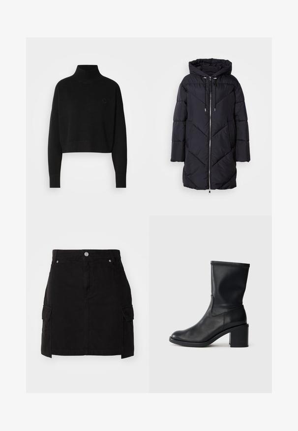 Sort puffervindjakke med hætte, der har lynlås-lukning og vinkelret quiltet mønster. Materialet har en glat, blank overflade.; Sort cropped sweater, ribbede turtleneck, lange ærmer, strikket tekstur, med et lille logo på brystet.; Sort denim nederdel med en tætsiddende silhuet, frontknaplukning og to sidelommer. Designet med stikninger.; Sort læder ankelstøvle med rund tå, glat tekstur og en grov hæl, der har et tætsiddende skaft og subtil syning.