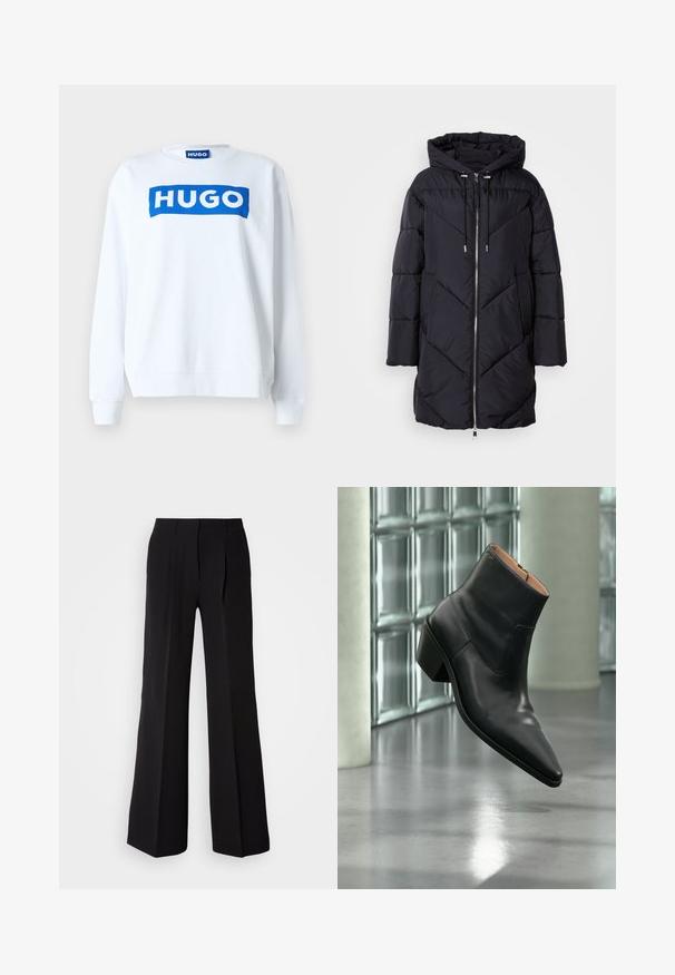 Manteau matelassé noir avec capuche, présentant une fermeture éclair et un motif matelassé angulaire. Le matériau a une texture lisse et brillante.; Sweatshirt blanc en mélange de coton avec un logo "HUGO" bleu sur le devant, encolure ras du cou et finitions côtelées aux poignets et à l'ourlet.; Pantalons noirs en tissu lisse, avec une taille haute, une coupe évasée et deux plis sur le devant pour un détail de conception supplémentaire.; Bottine en cuir noir avec un bout pointu et un talon carré lévitant au-dessus d'un sol gris réfléchissant près d'un mur en blocs de verre.