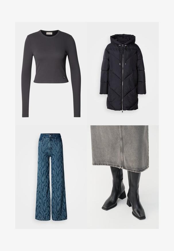 Sort puffervindjakke med hætte, der har lynlås-lukning og vinkelret quiltet mønster. Materialet har en glat, blank overflade.; Langærmet, cropped top i mørkegrå ribbet stof med en rund halsudskæring og et lille logo patch nederst. Glat tekstur, tætsiddende design.; Vidbenede jeans med høj talje i mørkeblå denim med et lyst blåt abstrakt prikket mønster, frontknap og lommer.; Sorte knæhøje støvler i glat læder med firkantet tå og blokeret hæl. Båret med en grå denimnederdel med flosset kant.
