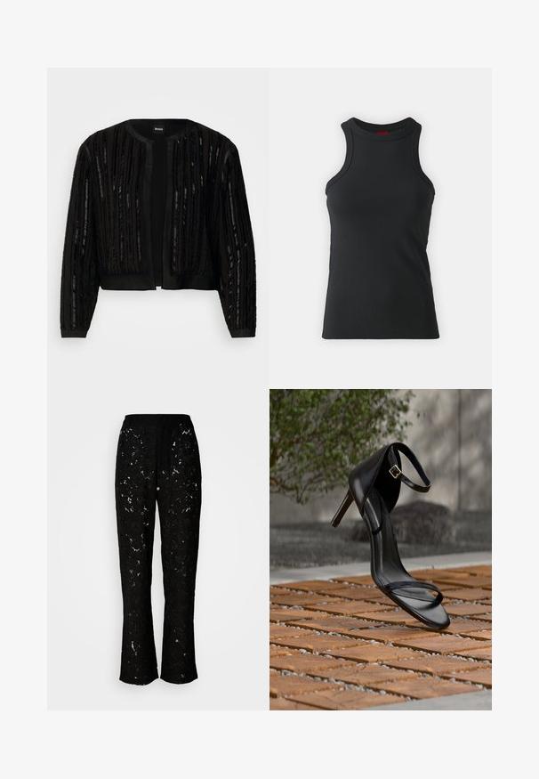 Sort cropped jakke med strukturerede lodrette striber og pailletter, åben front og lange ærmer i et slankt, elegant design.; Sort ærmeløs tanktop lavet af strækbart stof. Har en rund hals og en tætsiddende silhuet med minimale syninger.; Sorte blonder bukser med blomstermønster, bred bendesign og glat tekstur. Har en taljebånd og en let flydende silhuet.; Sort højhælet sandal med ankelsnor, der ser ud til at svæve over et trægulv udendørs med sløret grønt og sten i baggrunden.