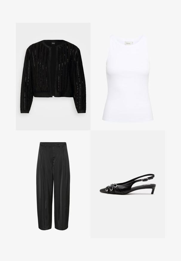 Veste noire courte avec des rayures verticales texturées ornées de sequins, à l'avant ouvert et à manches longues dans un design élégant et épuré.; Débardeur blanc côtelé avec un col rond et sans manches. Tissu extensible et design ajusté. Étiquette au dos indiquant "GESTUZ."; Pantalons noirs à jambes larges avec plis sur le devant, passants de ceinture et ajusteurs latéraux à boutons, fabriqués en tissu brillant.; Chaussure slingback en cuir noir avec bout pointu, trois boucles argentées à l'avant et petit talon kitten sur fond blanc.
