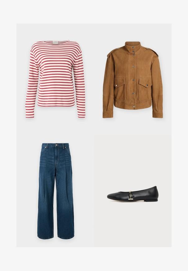 Bruine suède jas met opstaande kraag, drukknoopsluiting, epauletten op de schouders en twee voorzakken met klep en drukknoop.; CLOSED LONG SLEEVE - Longsleeve - cherry red; Donkere blauwe denim jeans met hoge taille en brede pijpen, voorzien van voorvouwen, riemlussen en een knoopsluiting.; Zwarte leren platte schoen met afgeronde neus en klein gouden gespsdetail aan de zijkant, getoond op een eenvoudige lichte achtergrond.