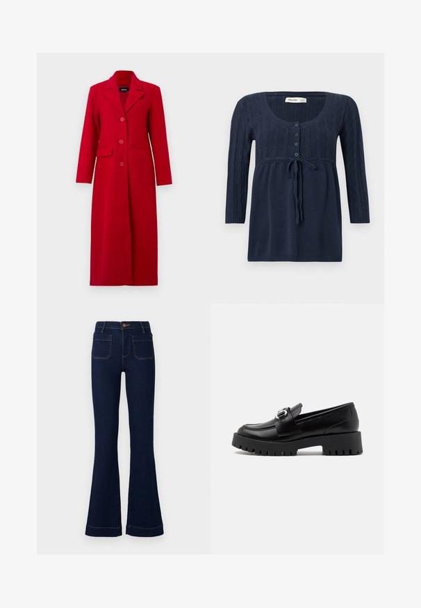 Long manteau rouge avec un col, trois boutons et deux poches avant. Fabriqué en tissu lisse, il présente un design ajusté et une silhouette droite.; Haut en maille bleu marine avec encolure ronde, devant boutonné, motif en torsades, noué à la taille et manches longues.; Jean évasé bleu foncé à taille haute, avec cinq poches et des coutures contrastantes. Fabriqué en denim avec une texture lisse.; Mocassins en cuir noir avec une semelle épaisse et nervurée et un accent de boucle métallique sur la sangle. Texture lisse, design classique.