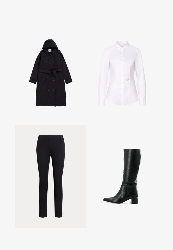 Sort trenchcoat med hætte, knaplukning og bælte i livet. Har lange ærmer med knapmanchetter og frontlommer med klap.; Hvid langærmet skjorte med knapper, der har en lille sort rosebroderi nær den nederste knaprem, med spids krave og tætsiddende pasform.; Sorte slanke bukser med talje i mellemhøjde og lige ben vist mod en ensfarvet lys baggrund.; Sorte læder knæ-høje støvler med spids tå og tekstureret overflade. Har en firkantet blokhæl og et elegant, tætsiddende design.