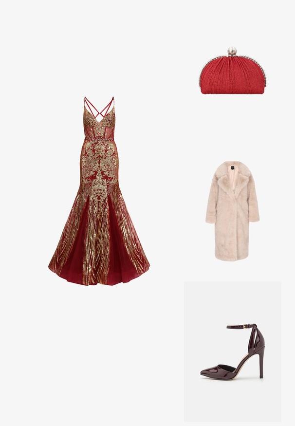 Faux-Fur-Mantel in hellbeige, mittellang mit Schalkragen, oversized Schnitt und seitlichen Taschen. Weiche, strukturierte Oberfläche ohne Muster.; Rotes Meerjungfrauenkleid mit goldenen Blumen- und gestreiften Paillettenmustern, transparenten Seiten, figurbetontem Oberteil und überkreuzten Spaghettiträgern.; Burgunderrotes patentiertes Leder hochhackiges Schuhwerk mit spitzer Zehe, Knöchelriemen und einem 10 cm hohen Stiletto-Absatz. Glatte Textur und minimale Details.; Rote Stoff-Clutch mit geraffter Textur, silberner Einfassung verziert mit kleinen Perlen und einem großen Perlenverschluss oben.