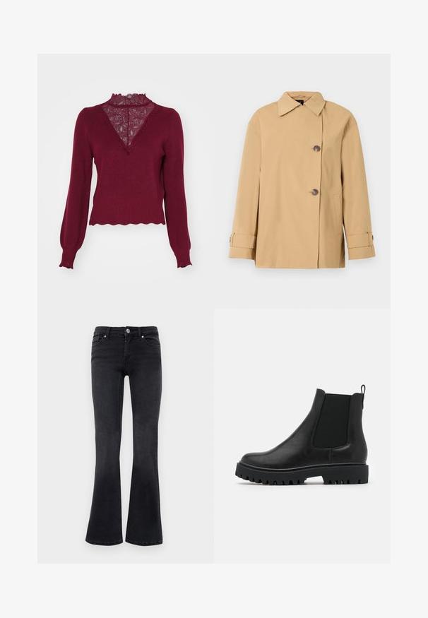 Veste beige à double boutonnage avec un large col, deux boutons, des poches latérales et des sangles aux poignets. Fabriquée dans un tissu lisse et léger.; Pull bordeaux avec un panneau en dentelle et un ourlet en dents de scie. Manches longues avec des poignets à côtes. Présente un décolleté en V et un tricot texturé.; Jean bootcut en denim noir avec bouton avant, fermeture éclair, passants de ceinture et design à cinq poches.; Bottines Chelsea en cuir noir avec des panneaux élastiques sur les côtés, une languette arrière et une semelle épaisse et robuste avec des rainures profondes pour une meilleure adhérence.
