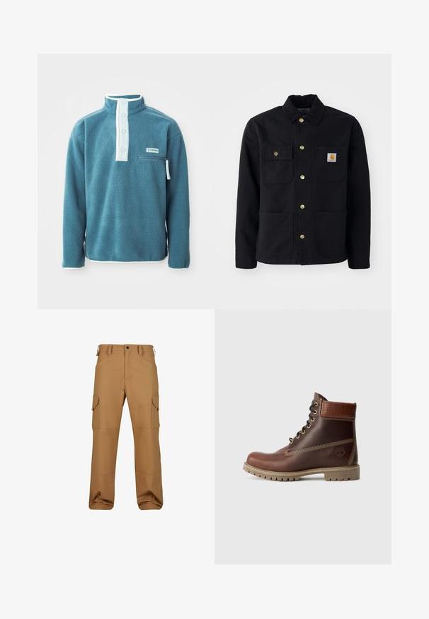 Schwarze Jacke aus strapazierfähigem Stoff, mit einem Kragen, goldenen Knöpfen, zwei Brusttaschen und einem quadratischen Logo-Patch auf der linken Tasche.; Tamaris-farbenes Fleece-Pullover mit hohem Kragen, vierknöpfem Vorderseite und einer Reißverschlusstasche auf der Brust. Mit weißen Akzenten entlang des Kragens und der Ärmel.; Braune Cargo-Hosen aus strapazierfähigem Material, mit mehreren Taschen, lockerer Passform und verstärkten Nähdetails.; Braune Leder-Schnürstiefelette mit gepolsterter Knöchelpartie, kontrastierenden Nähten und robustem Sohlendesign, von der Außenseite auf einem weißen Hintergrund gezeigt.