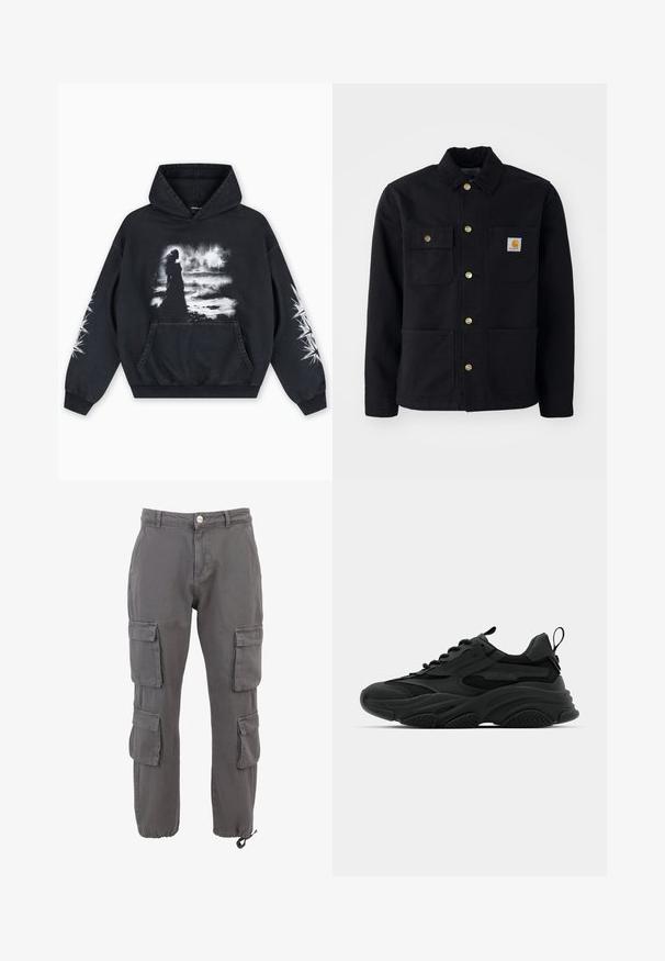 Veste noire en tissu durable, avec un col, des boutons dorés, deux poches poitrine et un écusson logo carré sur la poche gauche.; Sweat à capuche noir présentant un imprimé graphique au centre montrant une silhouette sur un fond nuageux. Comprend une poche kangourou et des motifs d'étoiles sur les manches.; Pantalons cargo gris avec plusieurs poches latérales, chevilles ajustées et fermeture à bouton. Fabriqués en tissu coton durable.; Baskets de sport noires avec une semelle épaisse, des panneaux en mesh et des accents en caoutchouc. Elles disposent d'une sangle de traction à l'arrière et de motifs texturés.