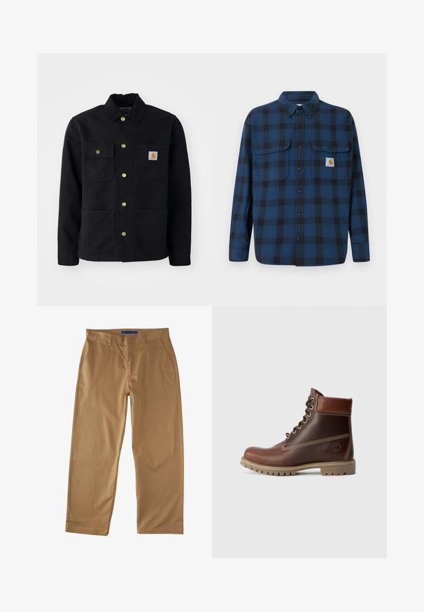 Chaqueta negra hecha de un tejido duradero, con cuello, botones dorados, dos bolsillos en el pecho y un parche cuadrado de logo en el bolsillo izquierdo.; Camisa de franela a cuadros en azul y negro, con mangas largas, cierre de botones en la parte delantera, dos bolsillos en el pecho y una etiqueta de marca en el bolsillo izquierdo.; Chinos de algodón beige con un diseño de pierna recta, que cuentan con dos bolsillos frontales, un bolsillo trasero y un cierre de botón. Textura suave.; Botín de cuero marrón con cordones, cuello acolchado, costuras en contraste y suela resistente, mostrado desde el lado exterior sobre un fondo blanco.