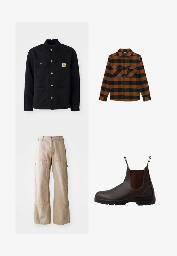Veste noire en tissu durable, avec un col, des boutons dorés, deux poches poitrine et un écusson logo carré sur la poche gauche.; Chemise à manches longues en motif écossais orange et noir, fabriquée dans un tissu texturé. Comprend deux poches poitrine et une fermeture à boutons.; Pantalons larges beige en coton robuste. Comprend des poches avant et latérales, des coutures visibles et des accents en métal sur les poches.; Botte Chelsea en cuir marron avec panneau latéral élastique, coutures marron, languettes de tirage, et une semelle en caoutchouc durable avec un motif texturé.