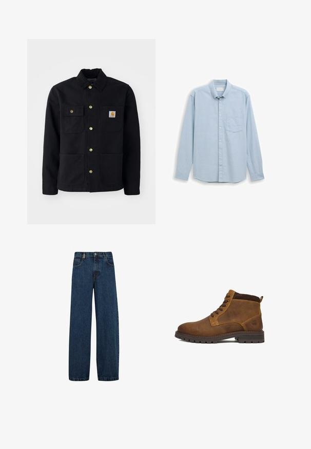 Chaqueta negra hecha de un tejido duradero, con cuello, botones dorados, dos bolsillos en el pecho y un parche cuadrado de logo en el bolsillo izquierdo.; Camisa de manga larga azul claro hecha de algodón, con cuello abotonado, un bolsillo en el pecho y dobladillo recto. Presenta puños con botones.; Vaqueros de mezclilla en azul oscuro, con un corte de pierna ancha, diseño de cinco bolsillos y un cierre clásico de botón con cremallera de metal.; Botines de cuero marrón con acabado liso, cordones, suela resistente y un cuello de tela marrón texturizada. Presentan un logo en el costado.