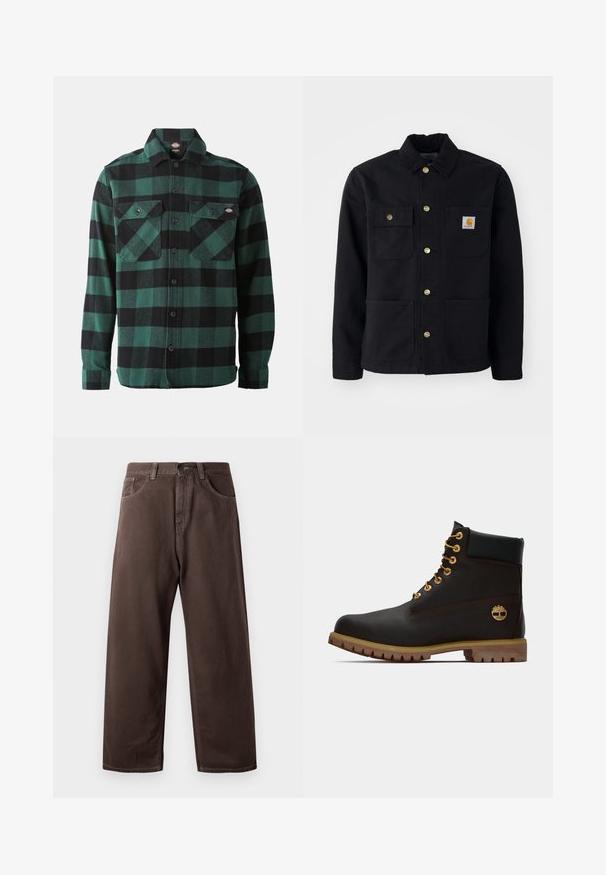 Zwarte jacket van duurzaam materiaal, met een kraag, gouden knopen, twee borstzakken en een vierkant logo-patch op de linkerzak.; Groene en zwarte geruite flanellen overhemd met lange mouwen, knoopsluiting aan de voorkant, twee borstzakken en een klassieke kraag. Zachte textuur, veelzijdig ontwerp.; Bruine wijde broek van katoen, met een klassiek vijf-pocketdesign, een ritsgulp en zichtbare stikseldetails.; Zwarte leren enkellaars met gouden oogjes, bruine accenten en een rubberen zool. Heeft een gevoerde kraag en geperst logo aan de zijkant.