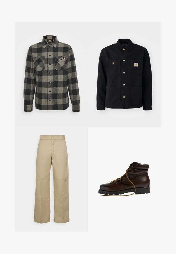 Zwarte jacket van duurzaam materiaal, met een kraag, gouden knopen, twee borstzakken en een vierkant logo-patch op de linkerzak.; Zwart en grijs geblokt flanellen shirt met lange mouwen, knoopsluiting aan de voorkant, twee borstzakken en een licht gebogen zoom. Gegarneerde stof.; Beige wijde broek gemaakt van stevig materiaal, met een hoge taille, zichtbare stiksel en een klein logopatch aan de zijkant.; Bruine leren wandelschoen met een ronde neus, gestructureerd oppervlak, gele veters en metalen oogjes. Heeft een robuuste zwarte rubberen zool.