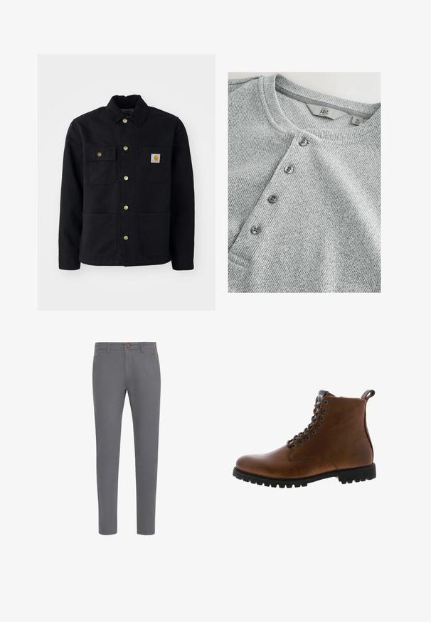 Zwarte jacket van duurzaam materiaal, met een kraag, gouden knopen, twee borstzakken en een vierkant logo-patch op de linkerzak.; Grijze gebreide shirt met lange mouwen en een ronde halslijn, vijf knopen sluiting, ribbelstructuur en een slim fit ontwerp. Label geeft maat M aan.; Grijze katoenen broek met een aansluitend ontwerp, voorzien van een knoopsluiting, standaardzakken en een gladde textuur.; Bruine leren enkelbotten met een gestructureerde afwerking, metalen oogjes en een zwarte rubberen profielzool. Voorzien van een trekband aan de achterkant voor gemakkelijke instap.