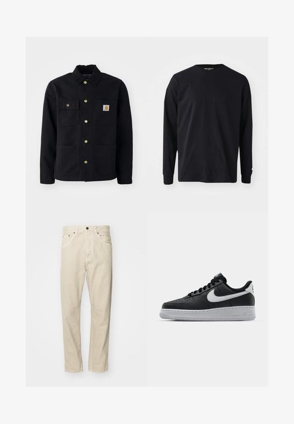 Chaqueta negra hecha de un tejido duradero, con cuello, botones dorados, dos bolsillos en el pecho y un parche cuadrado de logo en el bolsillo izquierdo.; Camiseta negra de manga larga hecha de algodón, con un escote redondo y corte recto, que presenta un pequeño detalle de logo en la manga.; Pantalones de algodón beige con diseño de pierna recta, cinco bolsillos y acentos de metal. Textura suave con detalles de costura mínimos.; Zapatilla negra de cuero con superficie texturizada, logo de Nike en blanco, suela gris, puntera redonda y diseño de encaje. Presenta perforaciones en la puntera.