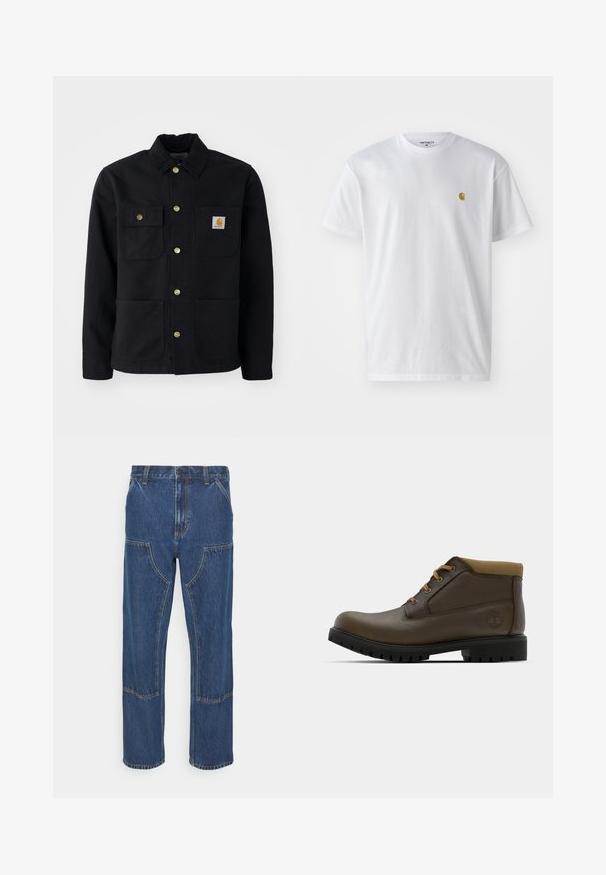 Zwarte jacket van duurzaam materiaal, met een kraag, gouden knopen, twee borstzakken en een vierkant logo-patch op de linkerzak.; Witte katoenen t-shirt met korte mouwen en ronde hals, voorzien van een klein gouden logo op de linkerkant van de borst. Zachte textuur en een normale pasvorm.; Blauwe spijkerbroek met een rechte pijp, voorzakken en contrasterende stiksels. De stof heeft een klassieke textuur en afwerking.; Bruine leren enkellaarzen met een gestructureerde afwerking, tan kleurige stoffen boord, zwarte rubberen zool en bruine veters. Timberland-logo ingedrukt op de zijkant.