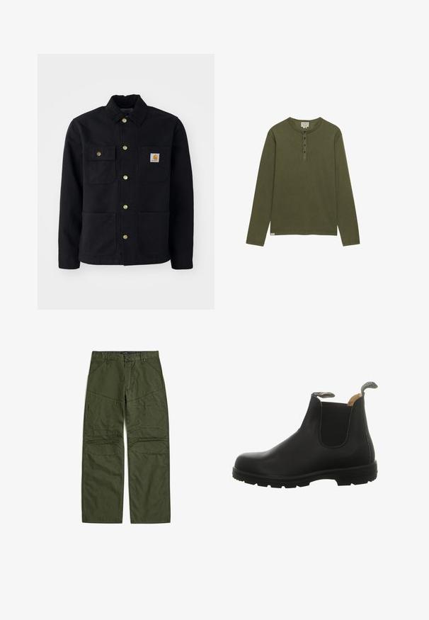 Zwarte jacket van duurzaam materiaal, met een kraag, gouden knopen, twee borstzakken en een vierkant logo-patch op de linkerzak.; Olijfgroen henley-shirt met lange mouwen, vier zwarte knopen en een ronde hals, weergegeven op een witte achtergrond.; Olijfgroene werkbroek met verstevigde kniepatches, voorzakken, riemlussen en knoopsluiting, plat gelegd op een witte achtergrond.; Zwarte leren Chelsea boot met elastische zijpanelen, een ronde neus en een robuuste rubberen zool met een hiel-lus voor gemakkelijk aan- en uittrekken.