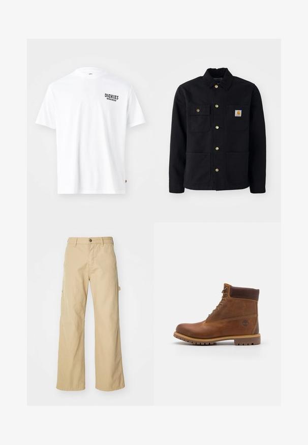 Sort jakke lavet af slidstærkt stof, med krave, guldknapper, to brystlommer og et firkantet logo-patch på venstre lomme.; Hvid bomulds t-shirt med rund hals, korte ærmer og et lille sort "Dickies Workwear" logo på venstre bryst. Glat tekstur, standard pasform.; Beige brede cargo bukser med knaplukning, der har sidelommer, lavet af slidstærkt bomuldsstof, glat tekstur og lige skæring.; Brun læder vandrestøvle med en glat finish, polstret ankel, metalliske snørehuller og en gummisål med et robust dækmønster.