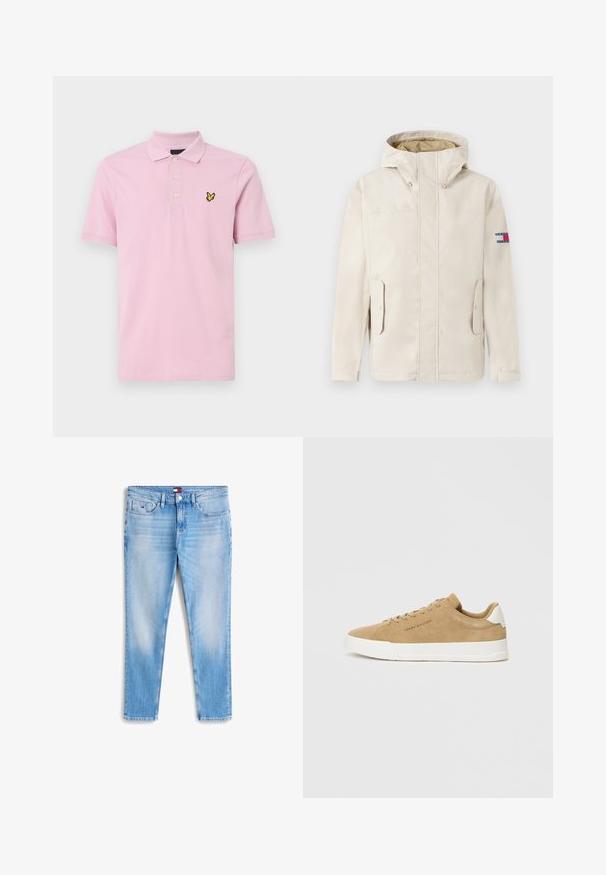 Beige hættejakke med frontlommer og klaplukninger, lange ærmer og et lille rektangulært logo-patch på den øverste venstre ærme.; Lyserød polo t-shirt lavet af bomuld, med en klassisk krave, tre knapper og et gult broderet logo på venstre bryst.; Lys blå denimjeans med en lige pasform, der har frontlommer, bæltestropper og et lille logo-tag på taljen. Fadede mønsterdetaljer.; Beige ruskinds sneakers med en hvid gummisål, rund tå, flade snørebånd og et diskret logo på siden. Glat tekstur og minimalistisk design.