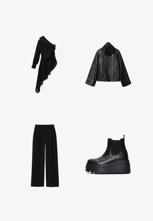 Veste en cuir noire asymétrique avec manches larges, col haut et fermeture éclair argentée décalée sur fond blanc.; Robe noire en tissu fluide, avec un design asymétrique à une épaule, un devant drapé, une longue manche et un ourlet inégal.; Pantalon noir taille haute à jambes larges avec passants de ceinture et plis sur le devant, présenté sur fond blanc.; Bottines chelsea en cuir noir avec des panneaux élastiques sur les côtés, semelle épaisse plateforme et dessus texturé pour une meilleure adhérence.