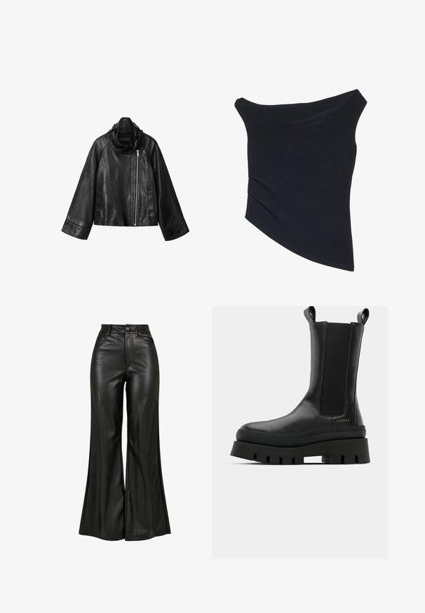 Sort asymmetrisk læderjakke med brede ærmer, høj krave og off-center sølv lynlås på hvid baggrund.; Sort, off-shoulder top med en tætsiddende design, asymmetrisk kant og blød, glat tekstur. Den har samlet stof ved halsudskæringen.; Sorte læderbukser med flared design og en glat tekstur, der har høj talje, knaplukning og forreste lommer. Bred ben design og poleret finish.; Sorte ankelstøvler med en glat læderfinish, elastiske sidepaneler og en chunky, struktureret platformssål, der har et logo-detail.