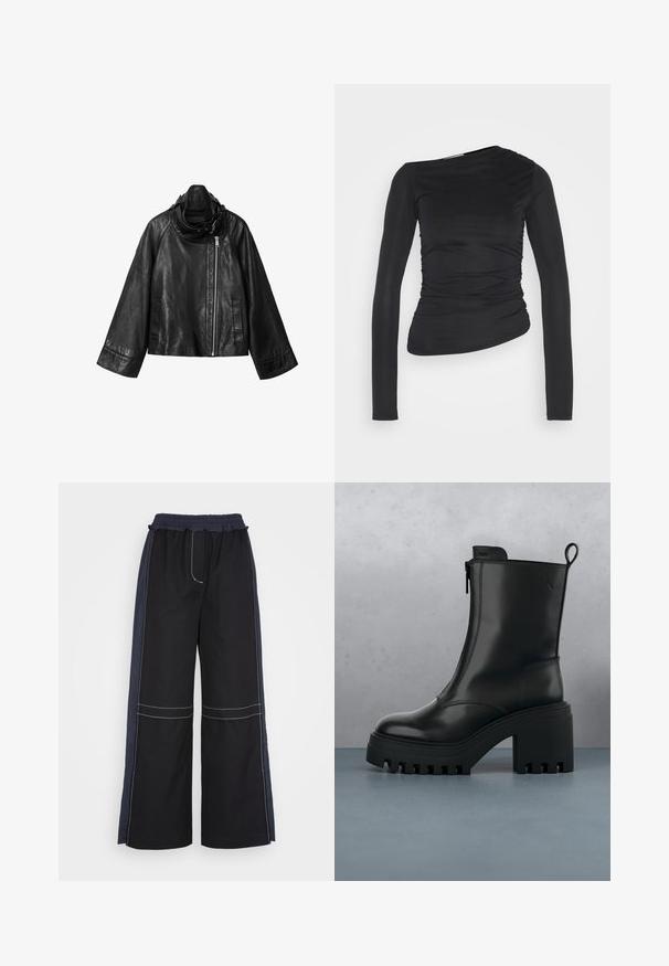 Sort asymmetrisk læderjakke med brede ærmer, høj krave og off-center sølv lynlås på hvid baggrund.; Sort langærmet bluse med et slankt, tætsiddende design. Har asymmetrisk udskæring og samlet tekstur på den ene side. Glat stofoverflade.; 3.1 Phillip Lim COMBO UTILITY PANT - Bukser - black eclipse; Sorte læder ankelstøvler med kraftig sål, blokhæl, lynlås i siden og trækflap bagpå på en ensfarvet hvid baggrund.