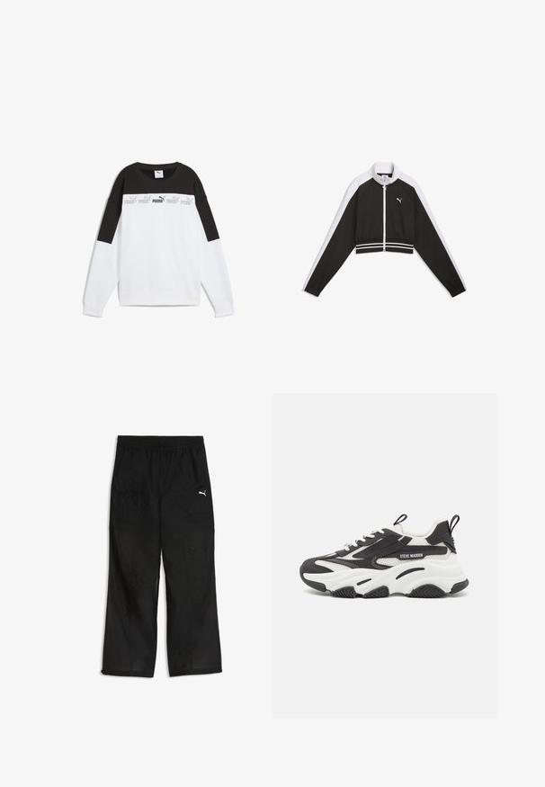 Veste de survêtement noire et blanche coupée, avec fermeture éclair intégrale à l'avant, logo Puma blanc sur la poitrine, et taille et manches élastiques à rayures.; Sweatshirt blanc avec un panneau supérieur noir, arborant un logo "PUMA" gris répété. Fabriqué en tissu doux avec des manches longues et un col rond.; Pantalon de sport noir en tissu léger et texturé. Il est doté d'une taille élastique et d'un petit logo blanc sur la jambe gauche.; Steve Madden POSSESSION - Baskets basses - black/white