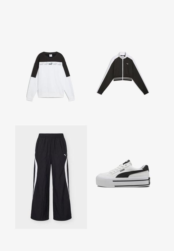 Veste de survêtement noire et blanche coupée, avec fermeture éclair intégrale à l'avant, logo Puma blanc sur la poitrine, et taille et manches élastiques à rayures.; Sweatshirt blanc avec un panneau supérieur noir, arborant un logo "PUMA" gris répété. Fabriqué en tissu doux avec des manches longues et un col rond.; Pantalon de sport noir à jambes larges avec des bandes blanches sur les côtés et une taille élastique, avec le logo Puma sur la cuisse droite.; Baskets blanches Puma avec semelle plateforme épaisse, bande noire Puma sur le côté, patch noir au talon et lacets blancs sur fond blanc.
