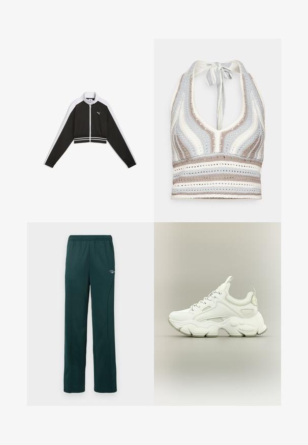 Chaqueta de chándal corta en blanco y negro con cremallera completa en el frente, logo blanco de Puma en el pecho y cintura y mangas elásticas con rayas.; Top de ganchillo tipo halter con rayas en azul claro, beige y blanco, con un escote profundo en V y una espalda atada. Textura de tejido abierto en todo el top.; Pantalones de chándal verde oscuro hechos de una tela suave, con una cintura elástica y costuras laterales, y un pequeño logo en la parte delantera.; Zapatilla blanca gruesa con suela texturizada gruesa, parte superior de malla y cuero, cierre de cordones y lengüetas en la lengüeta y el talón.