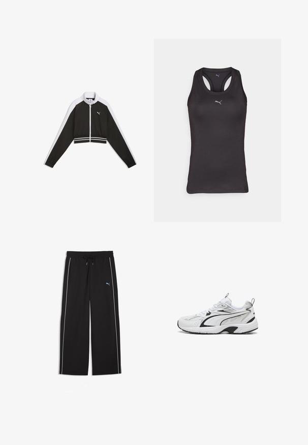 Schwarz-weiße, kurz geschnittene Sportjacke mit durchgehendem Frontreißverschluss, weißem Puma-Logo auf der Brust und gestreiftem elastischem Bund sowie Ärmeln.; Schwarzes Sporttanktop mit Racerback-Design, aus glattem Stoff gefertigt, mit einem kleinen grauen Logo in der Mitte vorne.; Schwarze, locker sitzende Hose mit elastischem Bund und Kordelzug, weißen Seitenstreifen, Fronttaschen und kleinem blauem Puma-Logo am linken Oberschenkel.; Schwarze und weiße Sport sneakers mit Mesh- und Lederdetails, Schnürverschluss und dicker gepolsterter Sohle auf weißem Hintergrund.