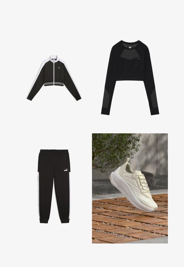 Mustvalge lühendatud jooksujakk täispika eeslukkuga, valge Puma logo rinnal ning triibuline elastne talje- ja varrukasäär.; Musthave musta lühike sviiter, mis on valmistatud pehmest kangast. Funktsioonid võrgupaneelid rinnal ja varrukatel. Ümar kaelus ja pikad varrukad.; Mustad mustad püksid elastse vöökoha, küljetaskute ja valgete külge triipudega, millel on logodetailid. Valmistatud pehmest ja venivast kangast.; Hele beež Calvin Kleini toss valge paksu tallaga, hõljumas mustrilise puidupinna kohal, taga udused rohelised lehed.