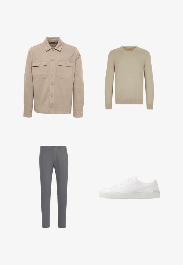 Beige Hemd mit Knöpfen, gefertigt aus robustem Stoff. Verfügt über zwei Brusttaschen, lange Ärmel und ein klassisches Kragen-Design.; Beige Strickpullover mit langen Ärmeln, rundem Ausschnitt sowie gerippten Bündchen und Saum. Glatte Textur ohne sichtbare Muster oder Akzente.; Graue Baumwollhosen mit einer taillierten Passform, ausgestattet mit einem Knopfverschluss, normalen Taschen und einer glatten Textur.; Weiße Leder-Sneaker mit glatter Oberfläche, abgerundeter Zehenpartie und sechs Ösen für die Schnürsenkel. Verfügt über eine strukturierte Gummisohle und ein minimalistisches Design.