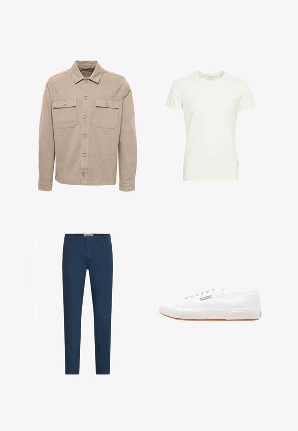 Beige skjorte med knapper lavet af slidstærkt stof. Har to brystlommer, lange ærmer og et klassisk kravedesign.; Hvid kortærmet t-shirt lavet af blødt bomuld. Har en rund halsudskæring og en lige søm. Minimalistisk design uden mønstre eller detaljer.; Marineblå slim-fit herrebukser med bælteløkker, frontlukning med knap og sidelommer, præsenteret mod en hvid baggrund.; Hvide kanvas sneakers med gummisål, snørebåndsdesign og et lille logo mærke på siden. Tekstureret hvid overdel og brun ydersål.