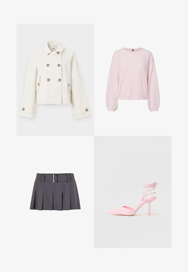 Kremfarvet, kort trenchcoat med dobbeltradet design, fire store gyldne knapper og sidelommer. Glat stof med en let glans.; Lyserød strikket sweater med lange ballonærmer, ribstrikkede manchetter, rund halsudskæring og let kortet kant.; Grå plisseret mini skirt med en glat tekstur, der har en bred taljeafsnit, bæltestropper og en rektangulær sølvspænde detalje.; Lyserøde højhælede sko med spidse tæer, satinfinish og ankelstrop med krydsgående detaljer. Slankt silhouette og tynd hæl.