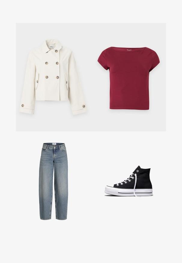 Creméfarbener, kurzer Trenchcoat mit doppelreihigem Design, vier großen goldenen Knöpfen und Seitentaschen. Glatter Stoff mit leichtem Glanz.; Kurzärmeliges, einfarbiges bordeauxfarbenes Cropped-Top mit breitem Ausschnitt und glattem Stoff, auf hellem, einfarbigem Hintergrund gezeigt.; Hellblaue, lässig geschnittene Jeans mit hoher Taille, aus Denimstoff. Verfügt über fünf Taschen und einen klassischen Knopf-und-Reißverschluss.; Schwarzer High-Top-Canvas-Sneaker mit weißer Gummisohle und weißen Schnürsenkeln, seitlich dargestellt vor weißem Hintergrund.