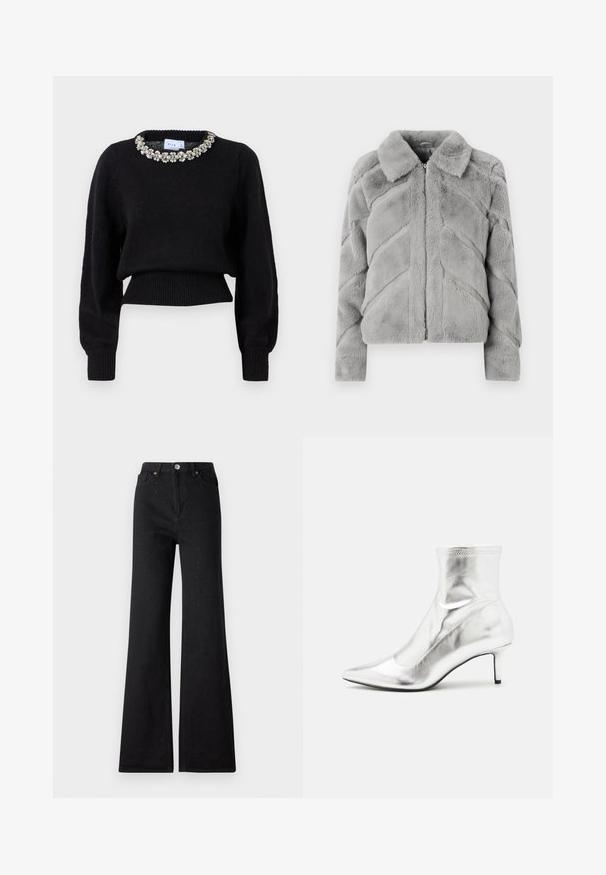 Vero Moda Synthetic fur VMSONJALUIS - Veste d'hiver - griffin; Sweat à manches longues noir court en tissu tricoté, avec un col décoratif orné de perles. Poignets et ourlet côtelés.; Jean évasé noir avec des perles décoratives, présentant une taille haute, des poches traditionnelles et une fermeture à bouton. Texture en denim lisse.; Bottine métallique argentée avec un bout pointu et un talon fin. Présente un ajustement snug et une texture lisse et brillante. Accent de couture en haut.