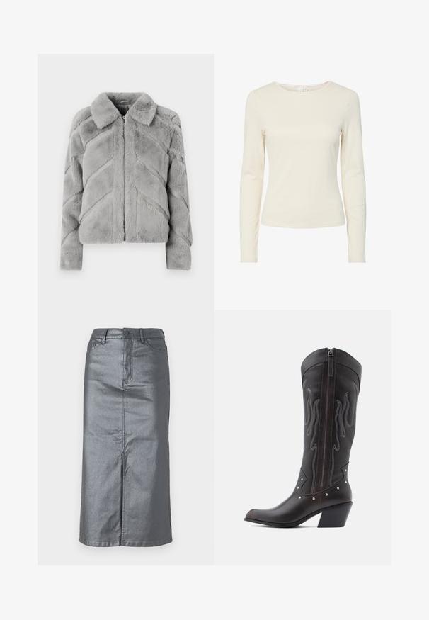 Vero Moda Synthetic fur VMSONJALUIS - Chaqueta de invierno - griffin; Camisa de mujer ajustada de manga larga en color crema, con cuello redondo y textura suave, exhibida sobre un fondo blanco.; Falda de mezclilla gris metálico con forma recta, abertura frontal, diseño de cinco bolsillos y cierre de botón en la cintura. Se pueden ver las costuras planas.; Botas de cowboy de cuero marrón con costuras en forma de llama, cremallera lateral, tachuelas plateadas, punta puntiaguda y tacón apilado.