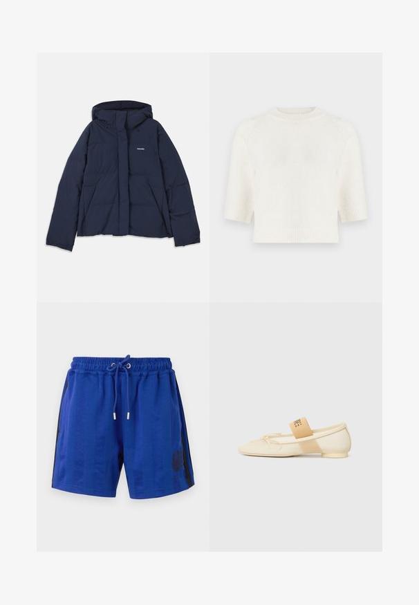 Mørkeblå dunjakke med snørehætte, fuld frontlynlås, to frontlommer og et lille hvidt logo på venstre bryst. Glat tekstur.; Kortærmet strikket sweater i off-white. Har en ribbet halsudskæring og kant, med en afslappet pasform og blødt, tekstureret stof.; Blå atletiske shorts med elastisk talje, snøre, sorte striber på siden og et blomstermotiv. Glat stofstruktur.; Kræmfarvet flad sko med spids tå, snøredetalje og en dekorativ rem med logo på siden. Glat tekstur, lav hæl.