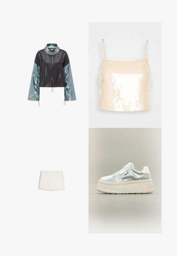 Afskåret jakke med sort, glat front og blanke blågrønne dyreprintærmer, med lynlåset høj hals og justerbart kant.; Beige crop top med tynde stropper, der har en pailletoverflade som reflekterer lys og skaber en glitrende effekt over hele overfladen.; Hvid mininederdel i blonder med diskret blomsterprint og bølget kant, vist på en hvid baggrund.; Kraftig platform-sneaker med metallic sølv overdel, hvide snørebånd og tyk cremefarvet tekstureret sål, vist i sideprofil på neutral baggrund.