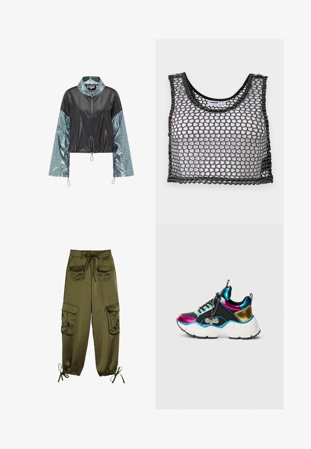 Afskåret jakke med sort, glat front og blanke blågrønne dyreprintærmer, med lynlåset høj hals og justerbart kant.; Sort ærmeløs crop top med bredt netstof og bølget kant, lagt fladt ud, der viser for- og indvendige etiketdetaljer.; Olivenfarvede cargo bukser lavet af glat stof, med to frontlommer, justerbar talje bånd og elastiske manchetter med snore ved anklerne.; Tyk sneaker med sort stof, metalisk pink, blå og guld paneler, hvid sål, sorte snørebånd og en sølvkæde med "Buffalo" mærkat.